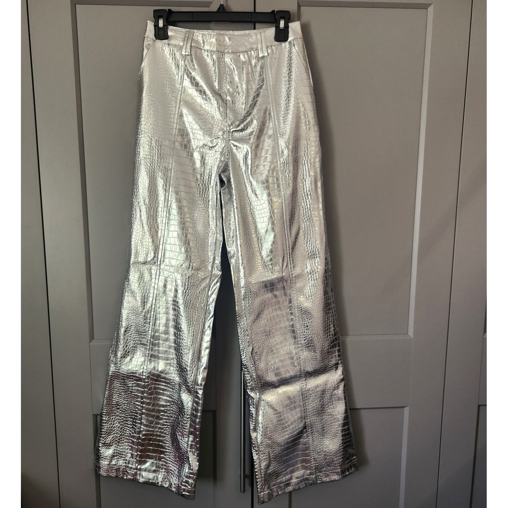 New AVEC LES FILLES Metallic Silver Crocodile Embossed Faux Leather Pants 4